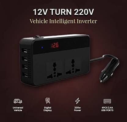 CAZAR Car Power Inverter/Adapter 200W with 4 USB & 2 AC Port with Digital Display and QC3.0 for Laptop, Mobile and Other Gadgets Charging Car Inverter