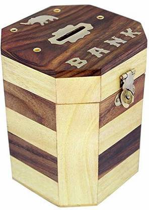 MIKEL ENTERPRISES Wooden Handmade Money Bank Octagonal Shaped with Chess Mix Design Coin Bank