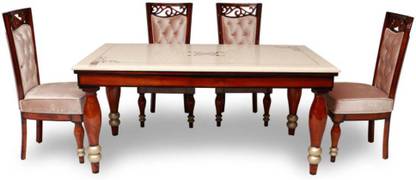 POJ Alan Marble Dining Table Set Made Of Teak Wood Solid Wood 6 Seater Dining Set