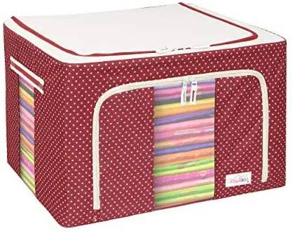 RUMAL Foldable Cloth Organizer Storage Box Solid Printed Garments Cover Large 66 Liter Foldable Storage Bag for Saree, Shirts, Bedsheets and Blankets Wardrobe Organizer Living Box Clothes Storage Basket StorageBag-Red