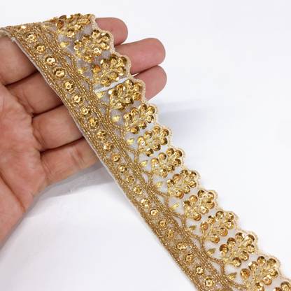 Lami 9 Meter Golden Jari Zari Sequins Lace on Net Tissue Saree Border Lace Art and Craft Material Lace Lace Reel