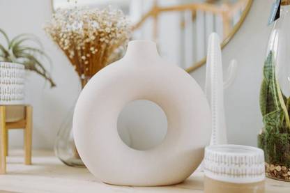 purezento White Ceramic Donut Vase Minimalist Style Decoration for Centerpieces, Kitchen, Office or Living Room, White Modern Decorative Vases for Home Decor (Small 12 inches) Ceramic Vase