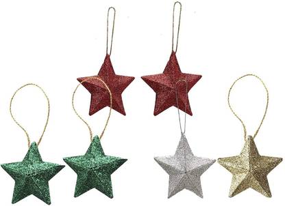 LITTLE BIRDIE Handmade Christmas Ornaments - 3D Stars, 2.5inch, Assorted Colours - Gold, Red, Green, Silver, 6pc Hanging Star Pack of 1