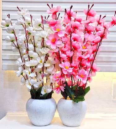 Siddhivinayak Artificial Flowers Cherry Blossom Pack of 2 peices Combo Pink, White White, Pink Orchids Artificial Flower  with Pot