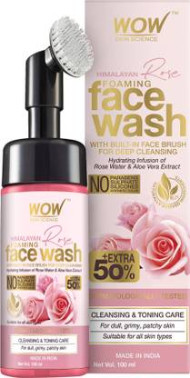 WOW SKIN SCIENCE Himalayan Rose Foaming  with Built-in Face Brush - contains Rose Water & Aloe Vera Extract - for Cleansing & Toning - No Parabens, Sulphate, Silicones & Synthetic Color Face Wash