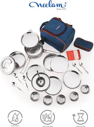 NEELAM Stainless Steel 25 pcs Travelling Set cum Picnic Set- 4300ml - NO.10 4 Containers Lunch Box