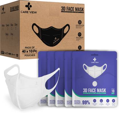 Care View 3 Dimensional Disposable Face Mask Pouch with 4 Layered Filtration, SITRA and BIS(ISI) certified & Incredibly Soft Spandex Non Woven Fabric Ear loop (WHITE , PACK OF 400) 3D Mask White