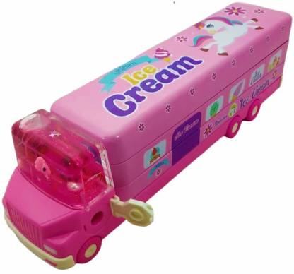 WISHKEY Double Decker Unicorn Ice Cream Theme Bus Shaped Art Metal Pencil Box