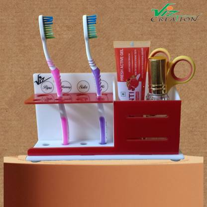 Viz Creation Viz Creation Acrylic Toothbrush / Tongue Cleaner / Toothpaste Holder with Wall Mounted & Counter top Design Unique idea Separate Brush with Name Family Member (Papa-Mummy- Sister-Me) Acrylic Toothbrush Holder