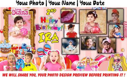 Customized Gift Shop 87 Personalized Happy Birthday Photo And Name Printed Wall Hanging Backdrop Flex Banner For House Party Studio | Diana And Roma Cartoon Theme | Best Gift For Kids Birthday Send Photos On This WhatsApp No. +91 8369592949 We Will Share You Sample Design Before Printing It | Multicolour | 2x4 feet Banner