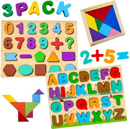 Authfort Montessori Wooden Toys for Toddlers 3 4 5 Years, Wooden Alphabet Letters Numbers Puzzle, Children Shape Tangram Games Preschool Educational Learning Toy Educational Board Games