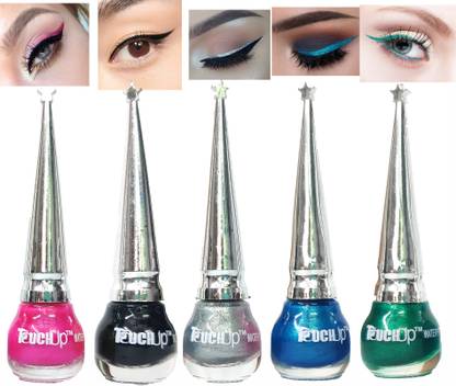 touchup Waterproof Glitter Liquid Eyeliner set of 5, 5ml Each, Green, Skyblue, pink, Matte Black and Silver 25 ml