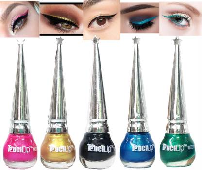 touchup Waterproof Glitter Liquid Eyeliner set of 5, 5ml Each, Green, Skyblue, pink, Golden and Matte Black 25 ml