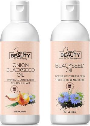 Inner Beauty 100% Natural & Pure Onion Blackseed Hair Growth Oil is a non Sticky Non Greasy Hair Oil For Natural Texture, Treating Split-Ends, Relieving Dandruff, Soothe Itchy Scalp, Boost Shine Hair Oil-100 ML & 100% Natural & Pure Blackseed Oil For Brightens Skin, Hydrates, Protect Against Sun Damage, Antiaging, & Hair Nourishment, Healthy Scalp, Treat Split-Ends (For Men & Women) Skin & Hair Care Oil 100 ML (Pack Of 2) 100 ML Each Hair Oil