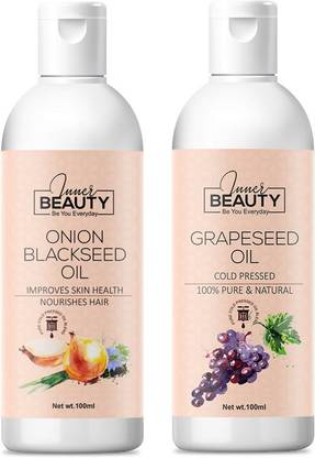 Inner Beauty 100% Natural & Pure Onion Blackseed Hair Growth Oil is a non Sticky Non Greasy Hair Oil For Natural Texture, Treating Split-Ends, Relieving Dandruff, Soothe Itchy Scalp, Boost Shine Hair Oil-100 ML & 100 % Pure & Natural Grape Seed Oil For Moisturize Skin, Heal Acne, Lighten Pores Skin & Strong, Healthy Skin(For Men & Women) Hair, Body, Skin & Face Care, 100 ML (Pack Of 2) 100 ML Each Hair Oil