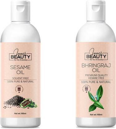 Inner Beauty 100% Pure & Natural Sesame Oil For Healing Skin, Anti-Ageing, Healing Redness, Heal Sun Damage,Even Tone Skin & Hair Nourishment, Healthy Scalp, Treat Split-Ends Skin & Hair Oil-100 ML & 100 % Pure & Natural Bhringraj Oil For Long & Strong Hair, Hair Nourishment, Healthy Scalp, Treat Split-Ends (For Men & Women) Hair Care Oil - 100 ML (Pack Of 2) 100 ML Each Hair Oil