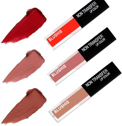 BLUSHIS Non Transfer Waterproof Longstay Sensational Liquid Matte Pack of 3 - Touch of Spice, Nude Nuance, Red Serenade