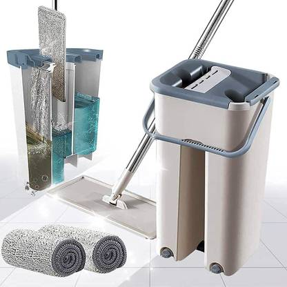 ZORO Heavy Quality New Unique Microfiber Flat Mop with Bucket, Cleaning Squeeze Hand Free Floor Mop, Extra 1 Reusable Mop Pads, Stainless Steel Handle, Extra Large (Multicolour) Flat Mop