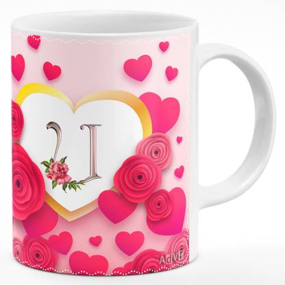 ADVR Alphabet letter "U" Printed on beautiful heart-shape roses & hearts design (BFA02100DG) Ceramic Coffee Mug