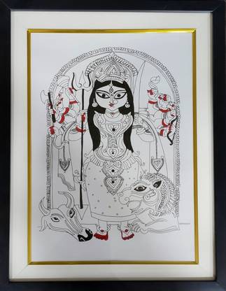 Maalgoodies Hand Made Painting | Maa Durga Fine Art Painting with Frame (8 x 12 inch) Ink 12 inch x 8 inch Painting