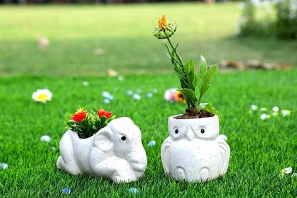Bright Shop Ceramic Plant Container Set White Color, Elephant & Owl Shape Planter Pot for Living Room & Garden. Home Decor Planters [Plants Not Included, Pack of 2] Plant Container Set
