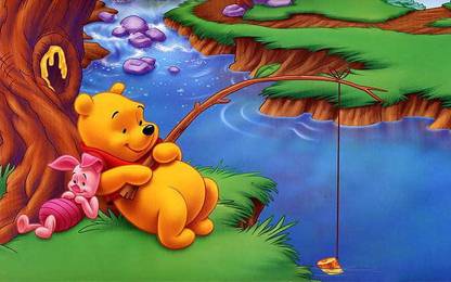Winnie The Pooh And Piglet River Fishing Of Fish Cartoon Matte Finish Poster Photographic Paper