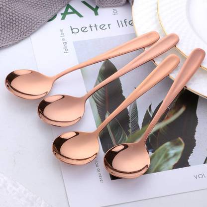 YANCI 7.1" Rose Gold Soup Spoon,Stainless Steel Round Spoon with Gold Titanium Plating Stainless Steel Table Spoon Set