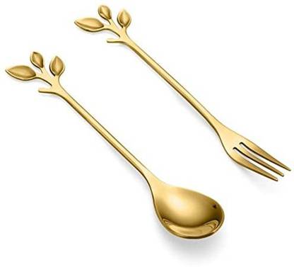 Litvibes Tableware Leaf Dessert Spoon & Fork Gold Set - Set of 1 leaf spoon & 1 leaf fork Stainless Steel Dessert Spoon, Ice-cream Spoon, Table Spoon Set