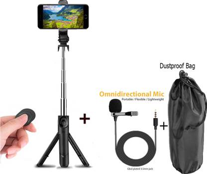 PULTO Bluetooth Selfie Stick Stand Make Videos spotting scope Tripod + Collar Mic Single Gimbal for Mobile