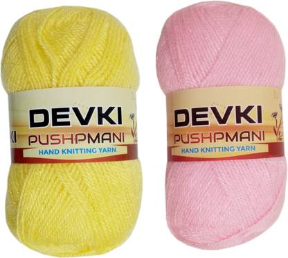 DEVKI PUSHPMANI HAND KNITTING YARN, CROCHET YARN / CROCHET WOOL / THREAD FOR KNITTING SWEATER, SOCKS, CAPS etc. FOR KIDS/GENTS/LADIES. PACK OF 2 BALLS ( LEMON + PASTEL PINK ). EACH BALL-100 gm . SHADE-DP29.39.200
