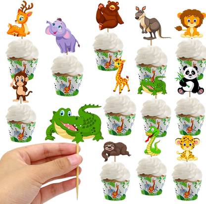 Party Propz Cake Topper Jungle Theme / Animal Cake Topper Decoration - 12Pcs Jungle Theme Cake Topper For Girls Boys Kids Baby - Cup Cake Topper Decoration, Cupcake Toppers Forest Pick, Jungle Theme Birthday Decoration, Animal Theme Cupcake Topper