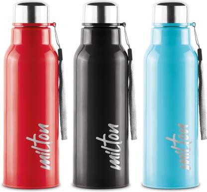 MILTON Steel Fit 600 Insulated Inner SS Water Bottle, Set of 3, Black, Red, Light Blue 520 ml Steel Bottle