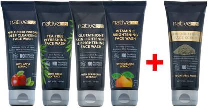 NativeOils Apple Cider Vinegar , Tea Tree , Glutathione , Vitamin C Face Wash - (4x100ml) + Skin Lightening Oatmeal & Yogurt Face Scrub (100ml)
