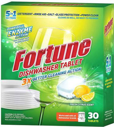 FORTUNE Dishwasher Tablets, 5 in 1 Action, Fresh Scent, 60 Count, 3X Better Cleaning Action. Dishwashing Detergent