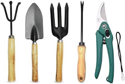 IBEX 5 Piece Gardening Kit Includes Hand Trowel, Rake, Weeder, Fork & Flower Cutter Garden Tool Kit