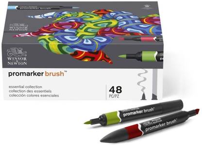 Winsor & Newton BrushMarker - Twin Tip - Chisel + Brush - Alcohol based - Essential Collection Set of 48
