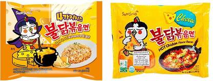 Samyang Hot Chicken Ramen Quattro Cheese Noodles and Buldak Cheese Noodles|140gm (Pack of 2)|(Imported) Instant Noodles Non-vegetarian