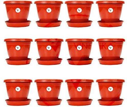 VINSHRA Plastic Planters Pots for Living Room Outdoor Indoor Round Shape Gardening Planters Pot With 8 Inch Bottom Tray Size 12 Inch- Color Red Pack of 12 Pieces Plant Container Set