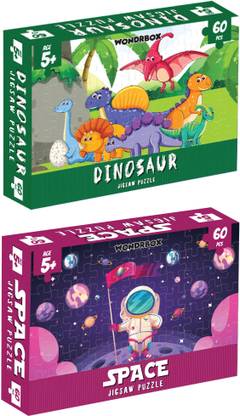 WONDRBOX Jigsaw Puzzle Game for Kids Age 5 and Up | Premium Quality Combo Pack of 2 Puzzles - Space and Dinosaur | Each Puzzle with 60 pcs and Size 15X10 inches