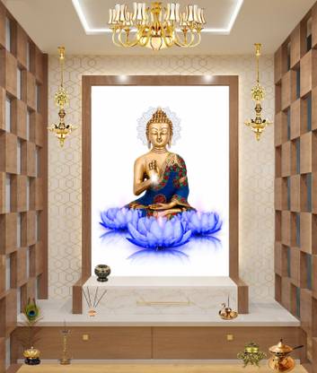 DivineDesigns 61 cm Purple Flowers Buddha Wall Sticker Self Adhesive Sticker