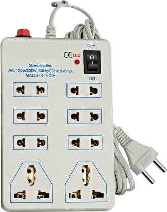 Thrive Heavy Duty 8 in 1 White Mini Strip / Power Strip / Extension Cord, with On / Off Switch & LED Indicator with 2 m lengthy wire , 2 Three Pin Socket + 6 A Two Pin Socket 8  Socket Extension Boards