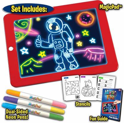 domnikyas Magic Sketch Drawing Pad | Light Up LED Glow Board | Draw, Sketch, Create, Doodle, Art, Write, Learning Tablet | Includes 3 Dual Side Markets, 30 Stencils (Magic-Sketchpad) Sketch Pad