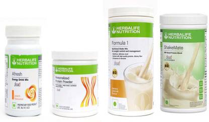 HERBALIFE FORMULA-1 NUTRITION BANANA CRAMAL FLAVOR SHAKE MIX-500 GRAM+PERSONALISED PROTIEN POWDER- 200 GRAM+ AFRESH ENERGY DRINKS PEACH FLAVOR 50 GRAM + SHAKE MATE MIX VANILLA FLAVOR-500 GRAM Combo