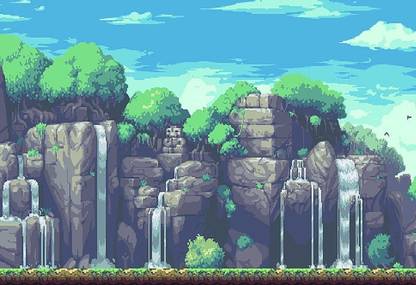 Smoky Design pixel art mountains waterfall trees wallpaper Paper Poster