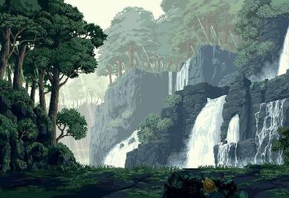 Smoky Design pixel art forest waterfall artwork wallpaper Paper Poster