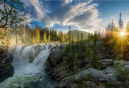 Smoky Design waterfall sunset river forest wallpaper Paper Poster