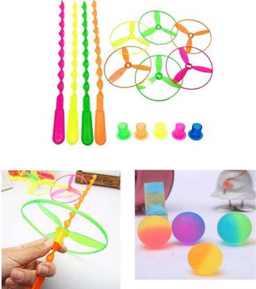 imtion 2 in 1 ( 1 Pcs Dragon flying toy 1 Pcs jumping crazy mini ball multi color) Plastic Flying Saucers Pull String Spinning Wheel Toy for Kids Multicolour