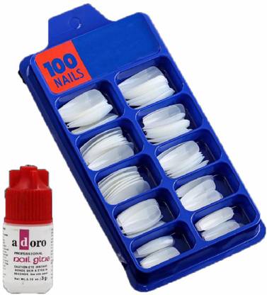 ARTIFICIAL TREE Artificial Nails Set With Glue Acrylic Face Nails Set Of 100 Pcs and Resuable Artificial Nail Glue 3gm WHITE