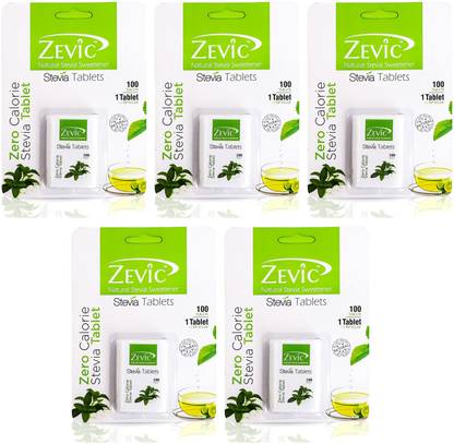 Zevic Natural Stevia Sweetener Tablets | Zero Calorie Stevia Tablet | Healthy Substitute For Sugar | 100 Tablets (Pack of 5) Sweetener