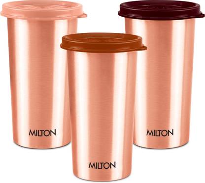 MILTON Copper Drinking Water Tumbler with Lid, Set of 3, Copper (Lid Colour May Vary) 480 ml Bottle